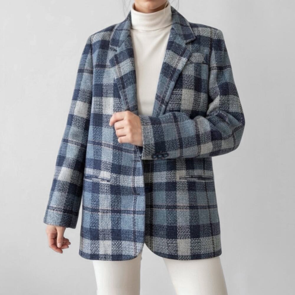 90s Tweed Wool Blend Blazer Jacket 8P Plaid Blue Academia Heritage Boxy Preppy
